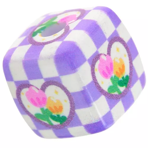 Cuenta cubo acrílico 14 mm - motivo cuadros y flores - Violeta - Blanco x1