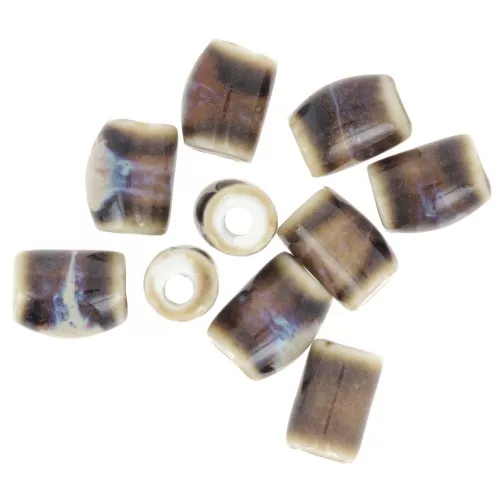 Cuentas de tubo de cerámica 10x7 mm - Crudo - Marrón oscuro jaspeado x10