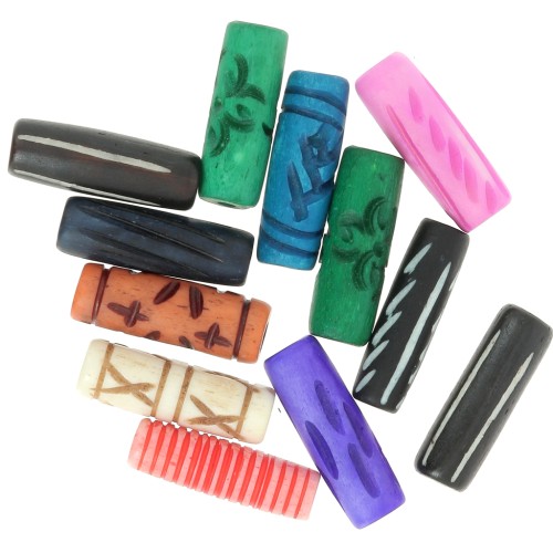 Juego de cuentas tubulares de hueso grabado 25x8 mm - Multicolor x24g