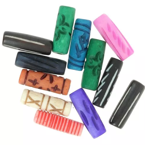 Juego de cuentas tubulares de hueso grabado 25x8 mm - Multicolor x24g