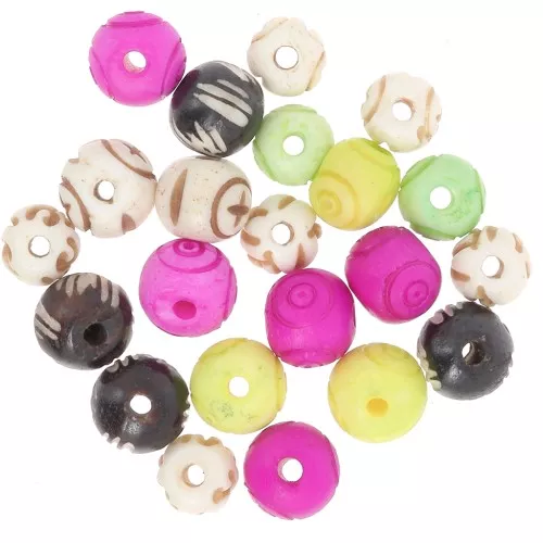 Juego de cuentas de hueso grabadas redondas aplanadas de 10 mm a 12 mm - Multicolor x48g