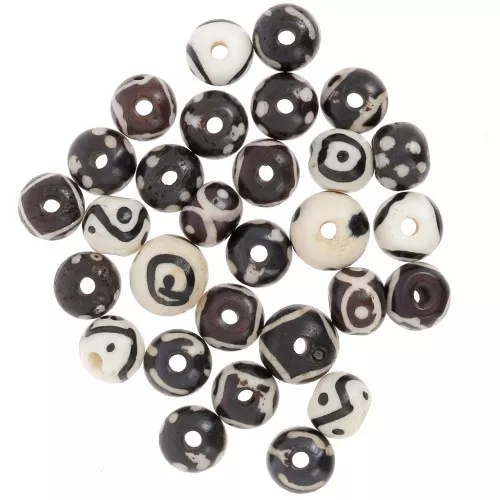 Surtido de cuentas redondas aplanadas de hueso pintado de 10mm a 12mm - Negro - Blanco x49g