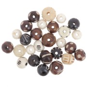 Juego de cuentas redondas aplanadas de hueso grabado de 10mm a 12mm - Natural - Negro x49g