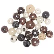 Juego de cuentas redondas aplanadas de hueso grabado de 10mm a 12mm - Natural - Negro x49g