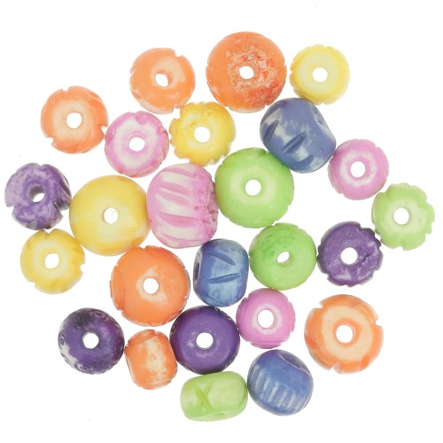 Juego de cuentas de hueso grabadas redondas aplanadas de 10 mm a 14 mm - Multicolor x50g