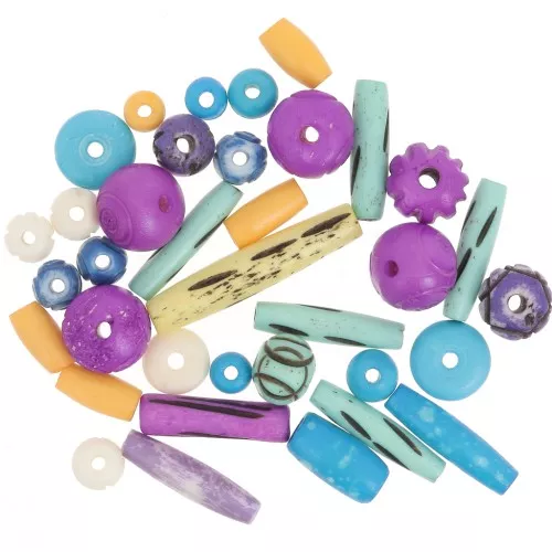 Juego de cuentas de hueso grabadas y lisas - Multicolor x48g