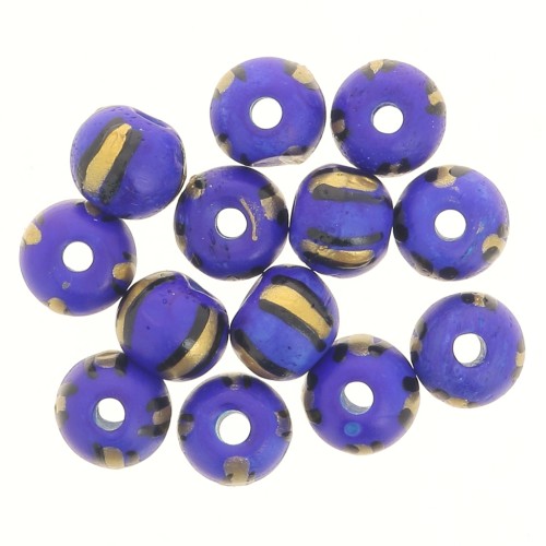 Surtido de cuentas redondas aplanadas de 10x8 mm en hueso teñido - Rayado - Azul - Dorado x20