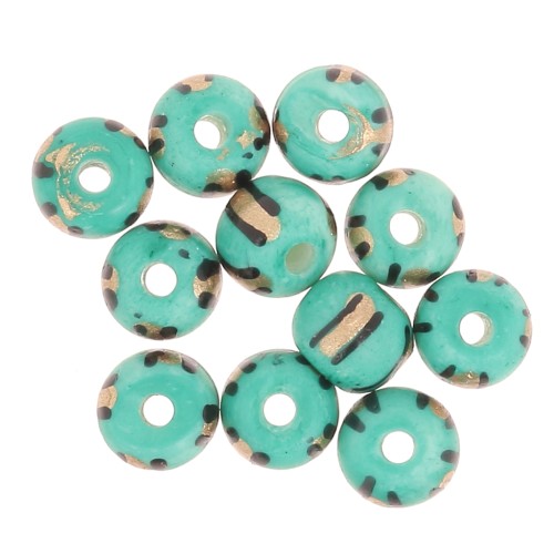 Surtido de cuentas redondas aplanadas 8x7 mm en hueso teñido - Rayado - Verde - Dorado x20