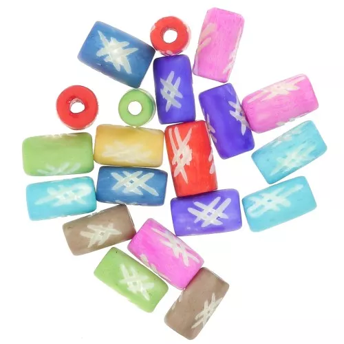 Juego de cuentas tubulares de hueso grabadas de 12x7 mm - Multicolor x20