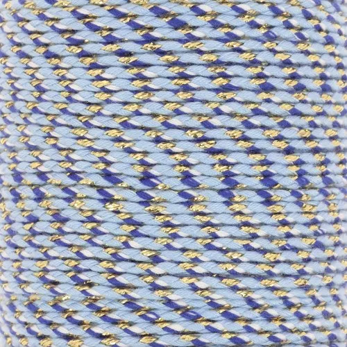 Cordón de algodón trenzado e hilo metálico 1,5 mm - Multi Azul - Blanco - Dorado x1m