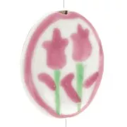 Cuenta ovalada plana 20x16 mm motivo flor - Cerámica - Rosa viejo - Blanco x1