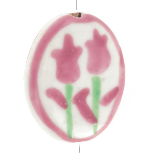 Cuenta ovalada plana 20x16 mm motivo flor - Cerámica - Rosa viejo - Blanco x1