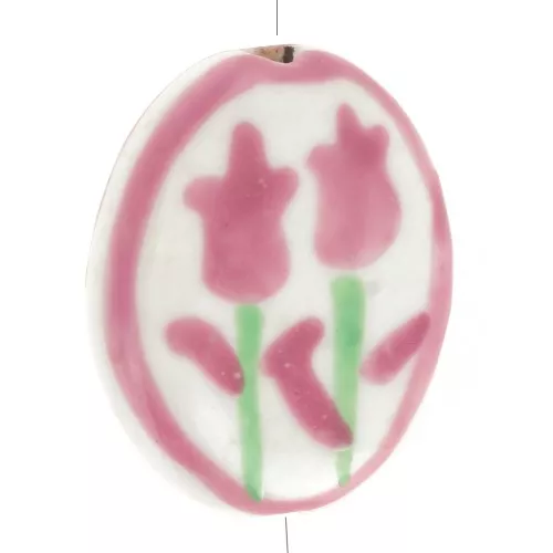 Cuenta ovalada plana 20x16 mm motivo flor - Cerámica - Rosa viejo - Blanco x1