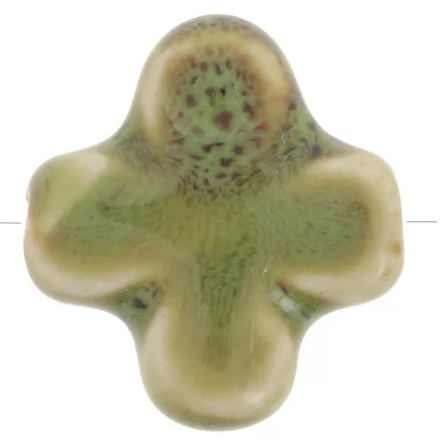 Cuenta cruz de cerámica 21 mm - verde caqui jaspeado x5