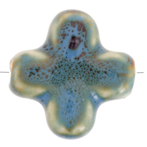 Cuenta cruz de cerámica 21 mm - Azul jaspeado x5