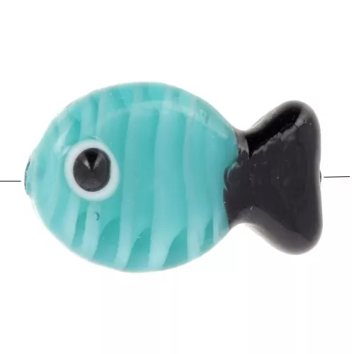 Cuenta de cristal pez 20x13 mm - Azul turquesa - Negro x1