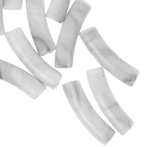 Cuentas tubulares curvadas de acrílico opaco 19x5 mm - Blanco jaspeado - Gris x10