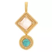 Colgante étnico 21x10mm - Dorado con oro fino - Cuarzo rosa - Imitación turquesa