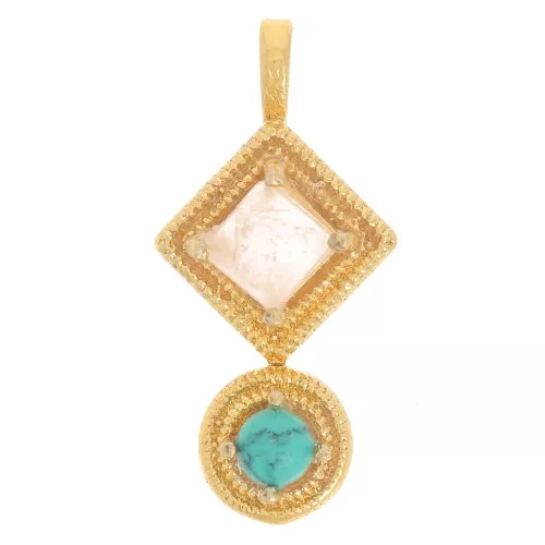 Colgante étnico 21x10mm - Dorado con oro fino - Cuarzo rosa - Imitación turquesa