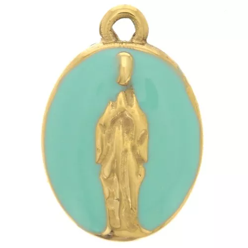 Dije ovalado 15x10mm motivo religioso Acero inoxidable 304L Dorado - Turquesa x1