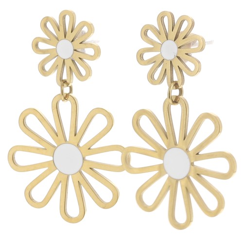 Pendientes colgantes flor - 34x22 mm Acero inoxidable 304L Dorado - Blanco x2