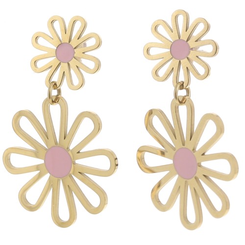 Pendientes colgantes flor - 34x22 mm Acero inoxidable 304L Dorado - Rosa x2