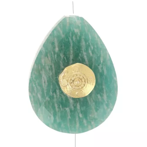 Gota de perla motivo étnico 17x13 mm gema Amazonita - Dorado con oro fino x1
