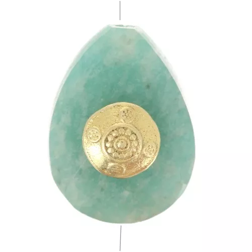 Gota de perla motivo étnico 14x10 mm gema - Amazonita - Dorado con oro fino x1