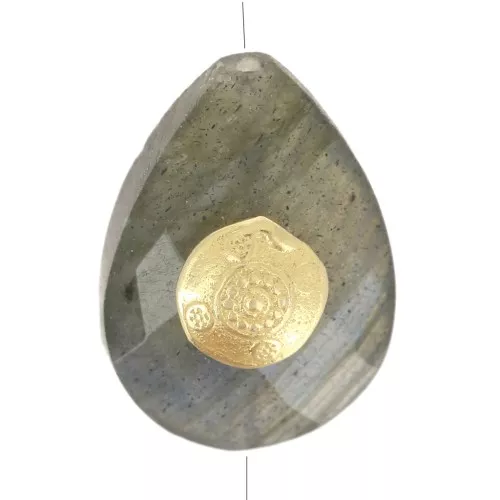 Gota de perla motivo étnico 14x10 mm gema - Labradorita - Dorado con oro fino x1