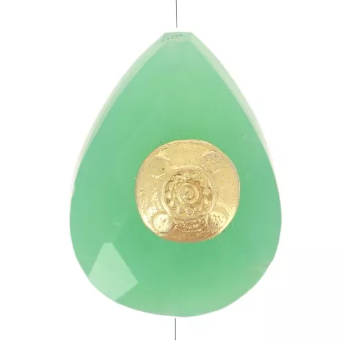 Gota de perla motivo étnico 14x10 mm gema - Crisoprasa - Dorado con oro fino x1