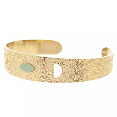 Pulsera brazalete martillado ajustable 15x170mm Cabujón de amazonita - Acero inoxidable 304L Dorado