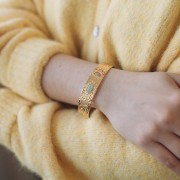 Pulsera brazalete martillado ajustable 15x170mm Cabujón de amazonita - Acero inoxidable 304L Dorado