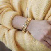 Pulsera brazalete martillado ajustable 15x170mm Cabujón de amazonita - Acero inoxidable 304L Dorado