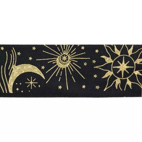 Cinta poliéster 25 mm - motivo astral - Negro - Dorado x1m