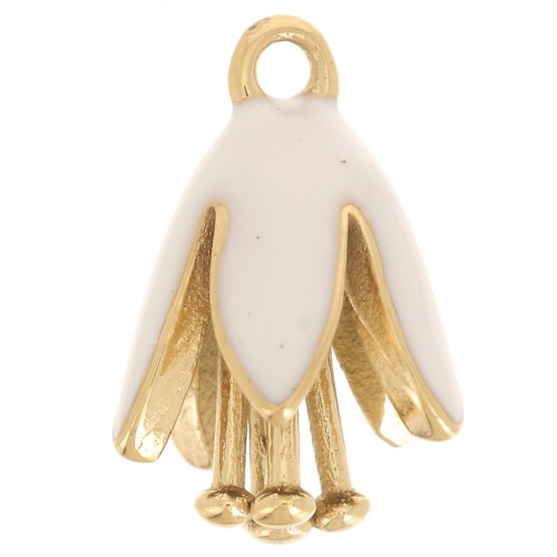 Dije flor de resina epoxi 12x8 mm - Acero inoxidable 304L Dorado - Blanco x1