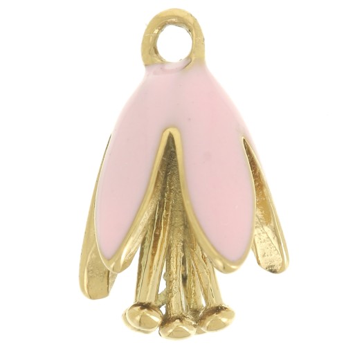 Dije flor 12x8 mm resina epoxi - Acero inoxidable 304L Dorado - Rosa claro