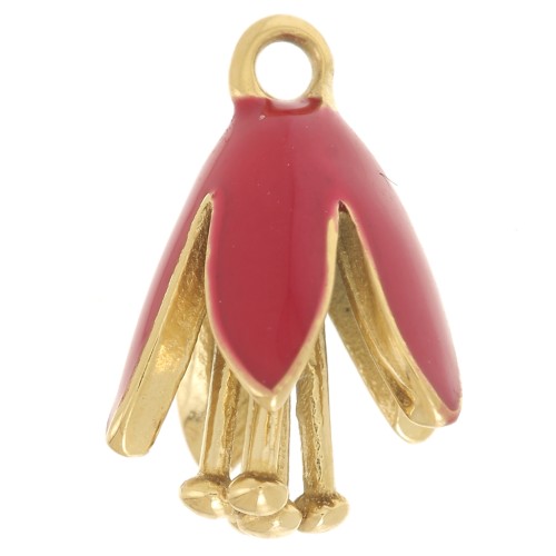 Dije flor de resina epoxi 12x8 mm - Acero inoxidable 304L Dorado - Rojo x1