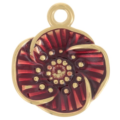 Dije flor 17.5mm resina epoxi - Acero inoxidable 304L Dorado - Rojo transparente x1