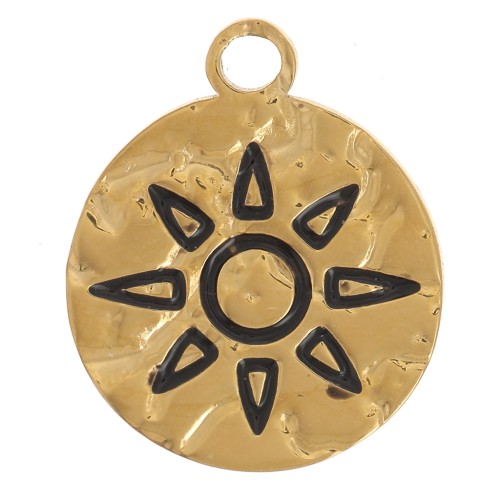 Dije redondo martillado 12mm motivo sol - Acero inoxidable 304L Dorado x1