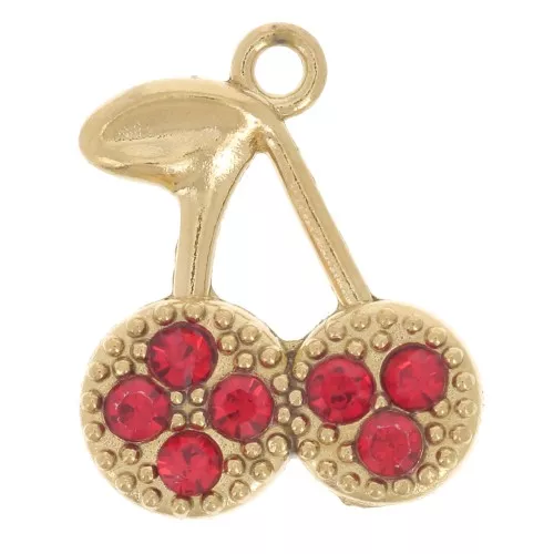 Dije cereza 13x11 mm con strass - Acero inoxidable 304L Dorado - Rojo x1