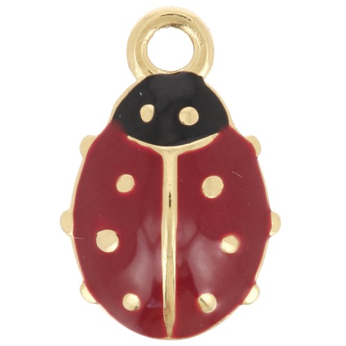 Dije Mariquita 15x10mm resina epoxi - Acero inoxidable 304L Dorado - Rojo x1