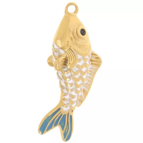 Colgante pez 32x13 mm resina epoxi - Acero inoxidable 304L Dorado - Blanco - Azul x1