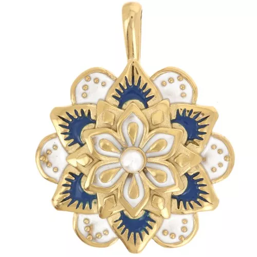 Colgante flor mandala 24 mm resina epoxi Acero inoxidable 304L Dorado - Azul x1