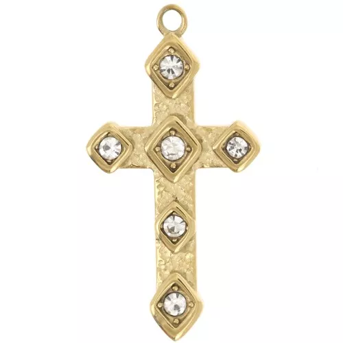 Colgante cruz 33x17 mm con strass - Acero inoxidable 304L Dorado x1