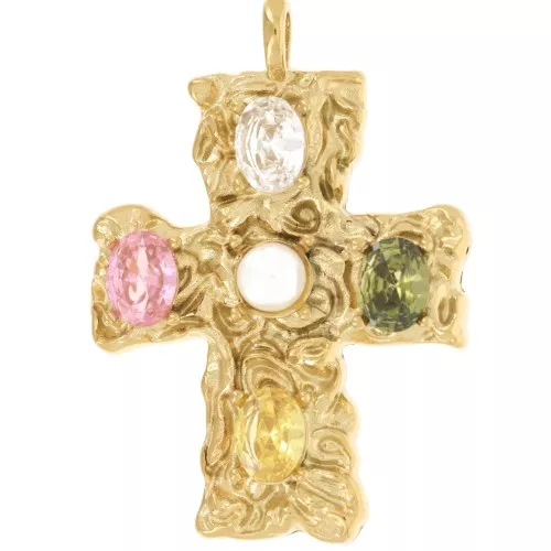 Colgante cruz 47x32,5 mm con óxidos de circonio - Acero inoxidable 304L Dorado x1