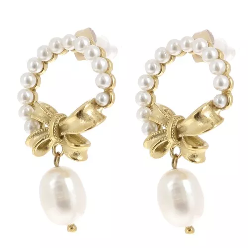 Pendientes nudo circular 35x20 mm perla de agua dulce Acero inoxidable 304L Dorado x2