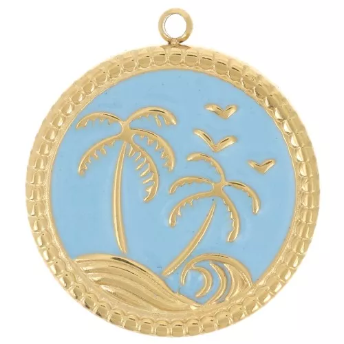 Colgante redondo de palmera de 20 mm con resina epoxi - Acero inoxidable 304L Dorado - Azul