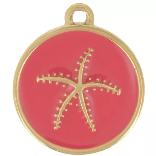 Dije estrella de mar redonda 14 mm resina epoxi - Acero inoxidable 304 Dorado - Rojo x1