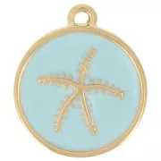 Breloque ronde étoile de mer 14mm résine époxy - Acier inox 304L Doré - Bleu clair