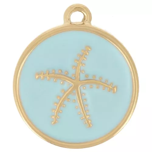Dije Redondo Estrella de Mar 14mm Resina Epoxi - Acero inoxidable 304 Dorado - Azul Claro